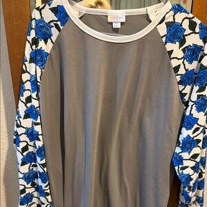 LuLaRoe Gray Top with Blue Floral Sleeves